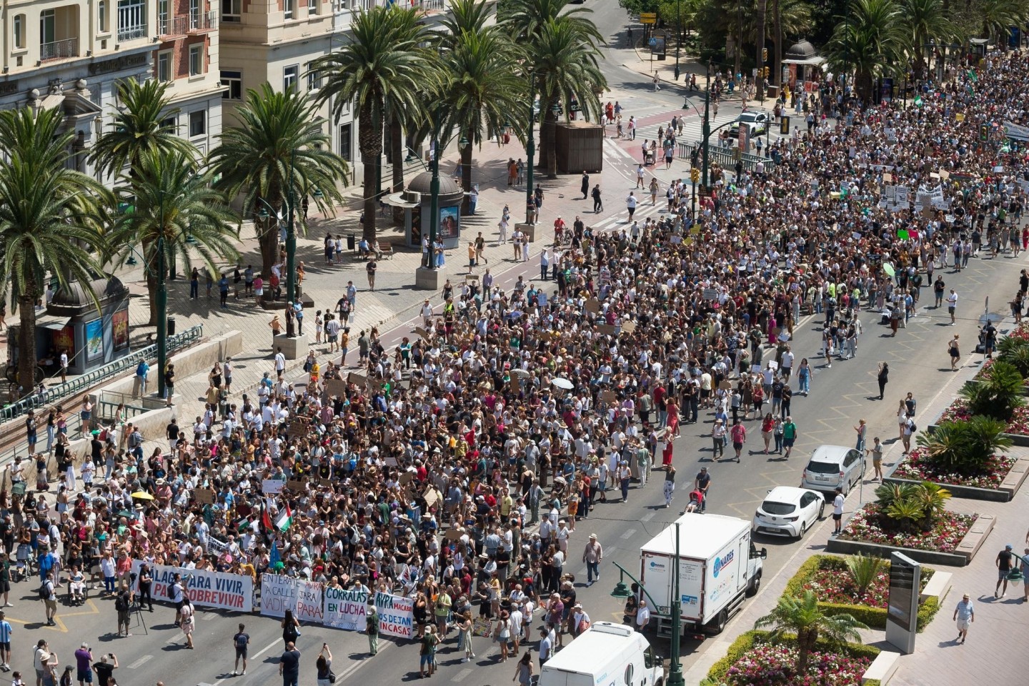 Tausende Menschen demonstrieren in Málaga gegen Massentourismus und hohe Mieten.