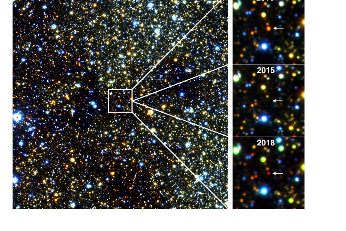 Infrarotbilder eines etwa 30.000 Lichtjahre entfernten roten Riesensterns in der Nähe des Zentrums unserer Milchstraßengalaxie, der im Laufe mehrerer Jahre verblasste und wieder auftauchte...