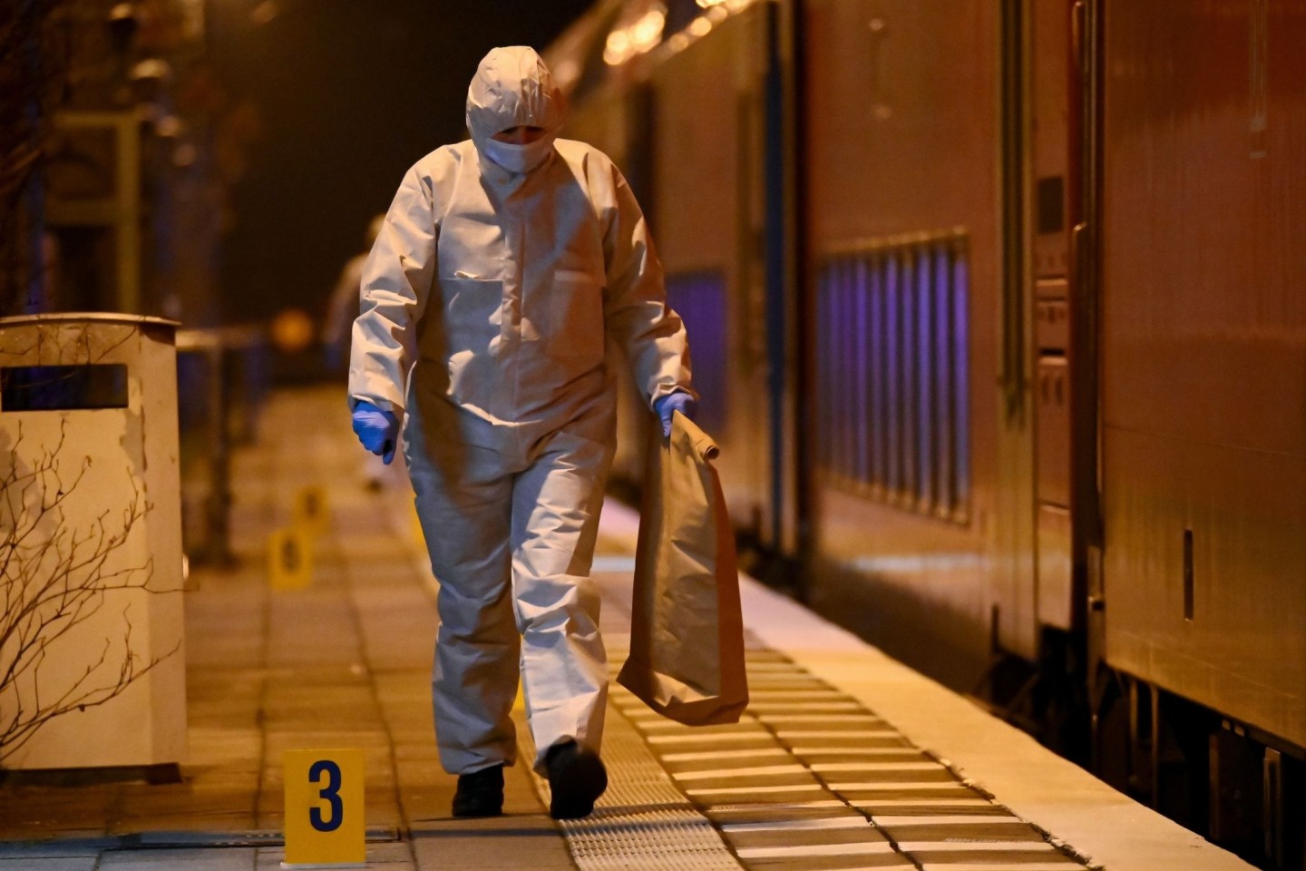 Mitarbeiter der Spurensicherung sind auf einem Bahnsteig bei einem Regionalzug im Einsatz.